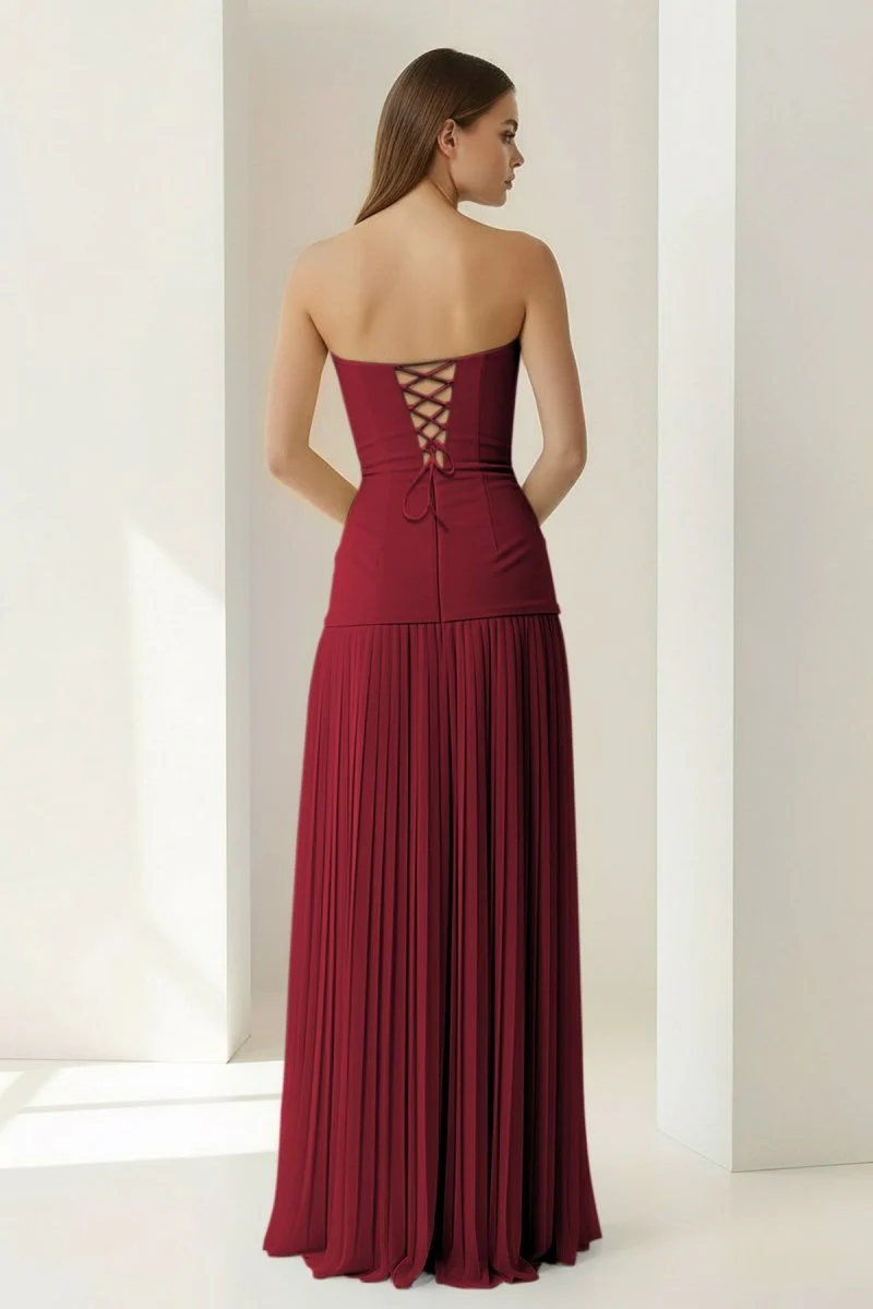 Blue Strapless Sheath Chiffon Pleated Long Prom Dresses