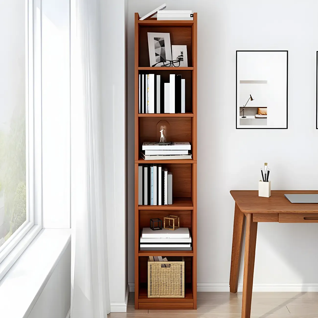 HomeyFad Vertical Tall Natural Wood 5-Shelf Corner Bookcase