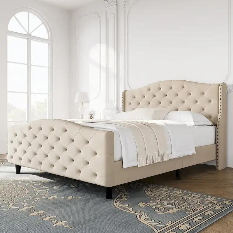 Bed Frame With Velvet Upholstered Headboard And Footboard