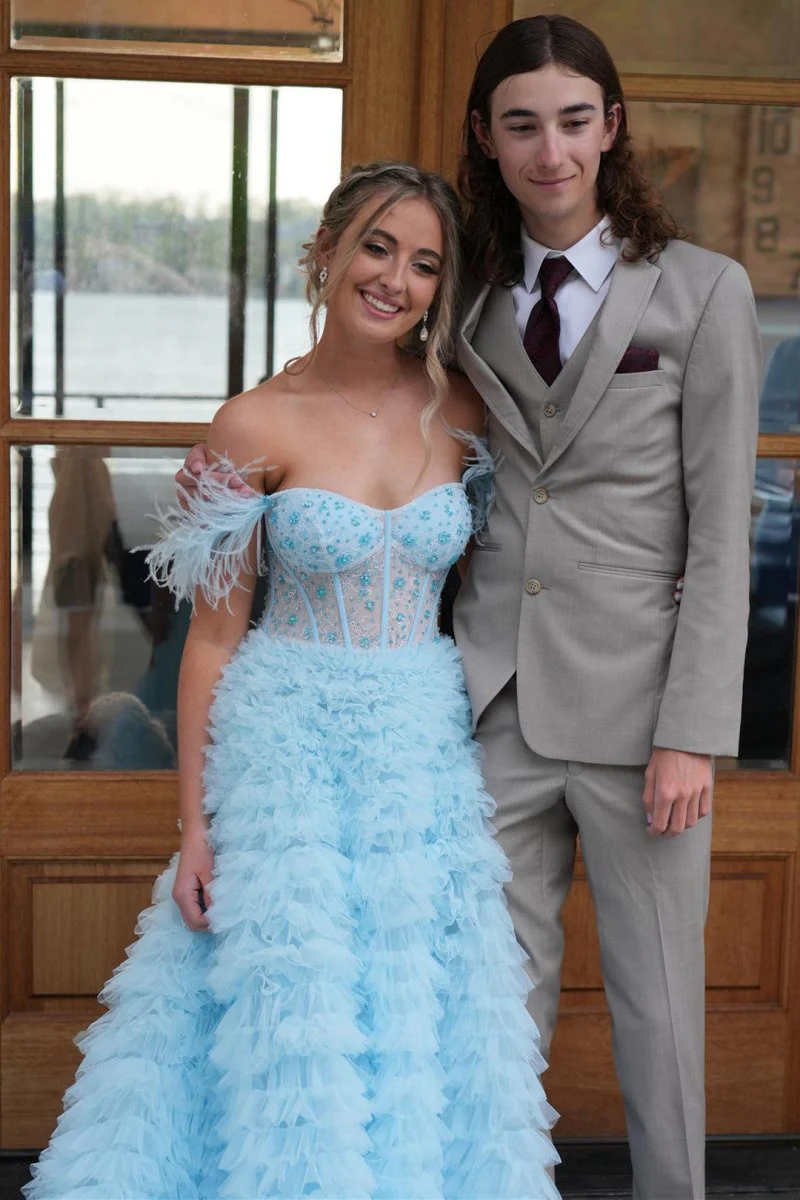 A Line Sweetheart Tiered Tulle Long Prom Dress With Slit