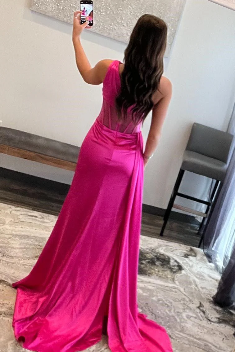 Sheath One Shoulder Pleated Satin Long Prom Dress
