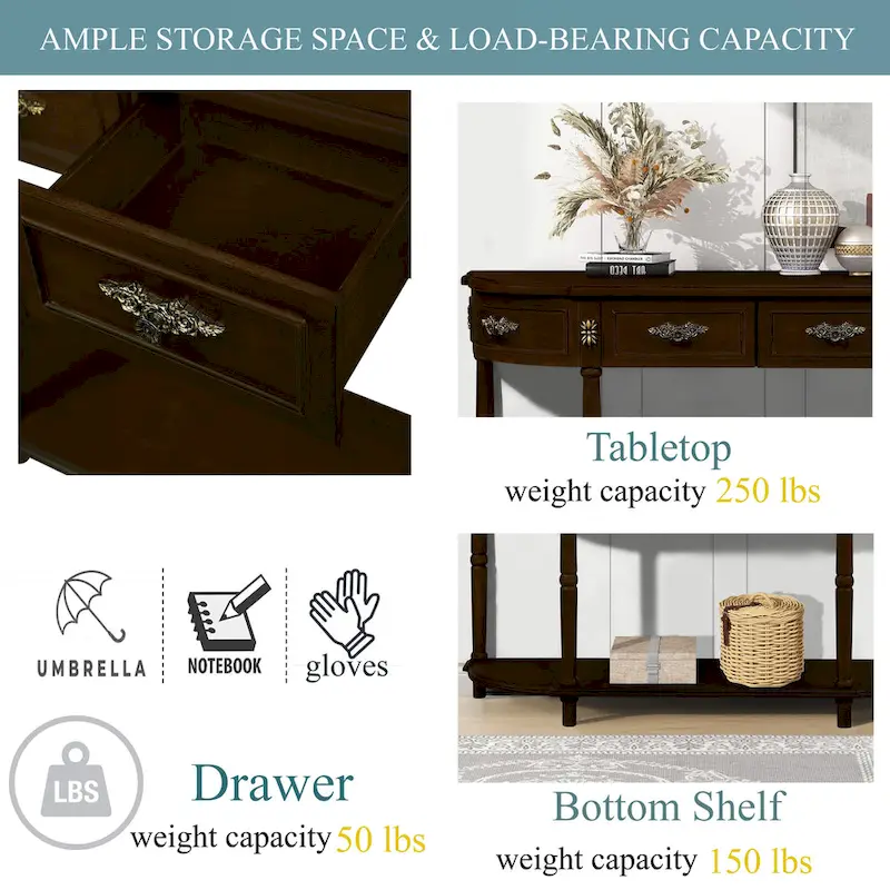 52 inch Circular Half Moon Sofa Table with Open Shelf and 2 Drawers