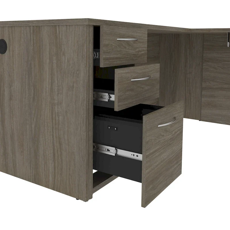 Brown L-Shaped Desk with Keyboard Tray and 3 Drawers