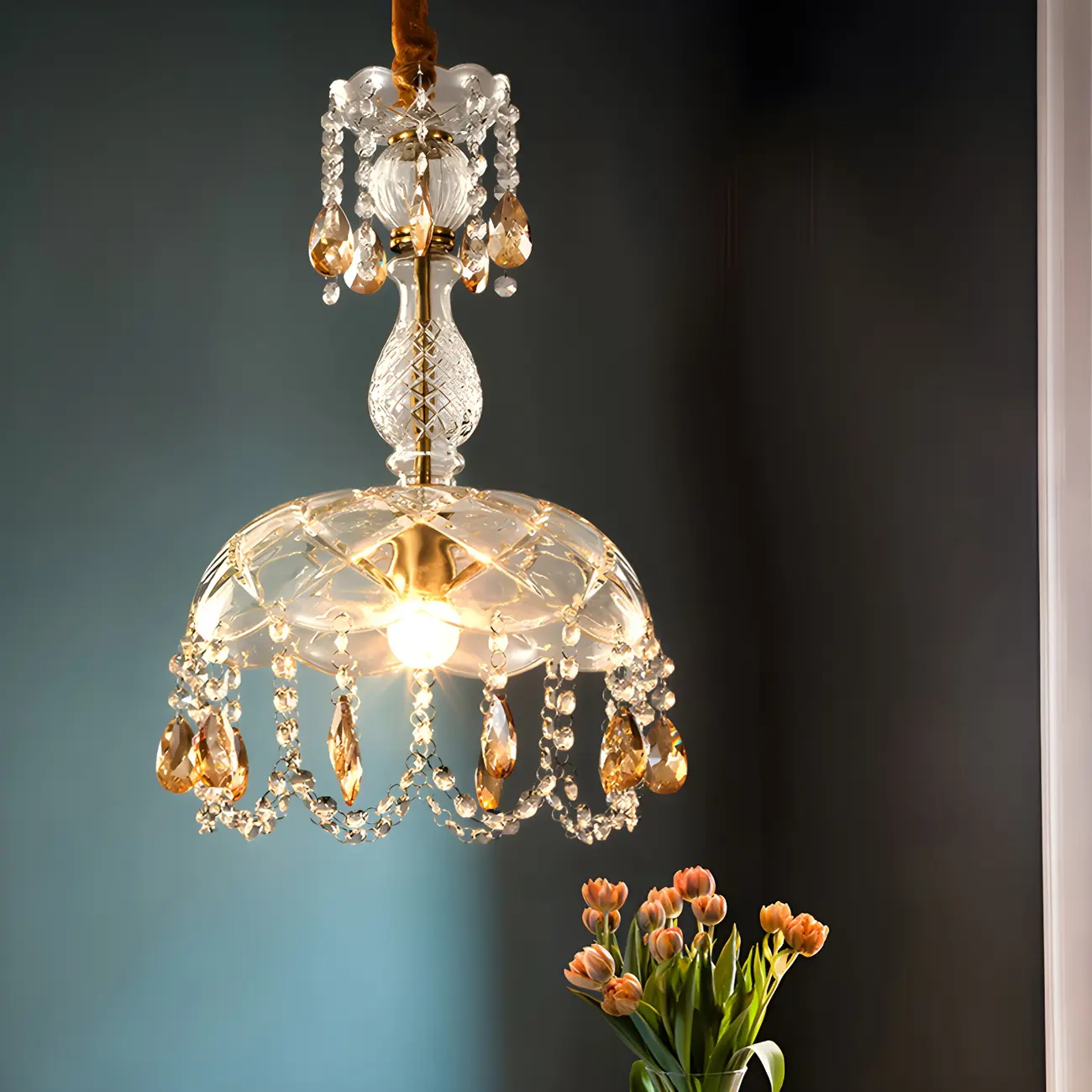 Luxury Dome Clear Crystal Pendant Light Adjustable Height