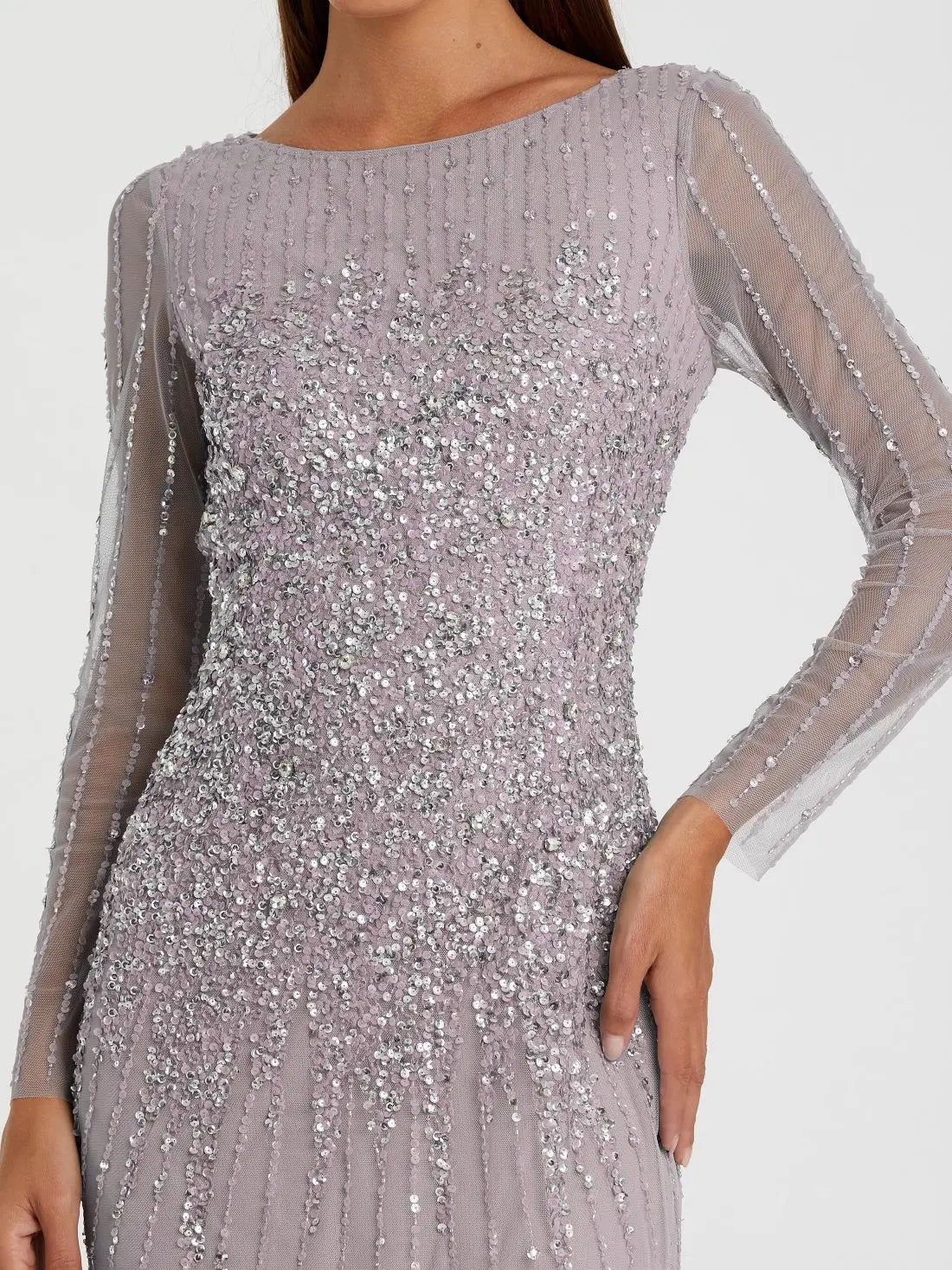 Purple High Neck Sequin Embellished Long Sleeve A Line Gown