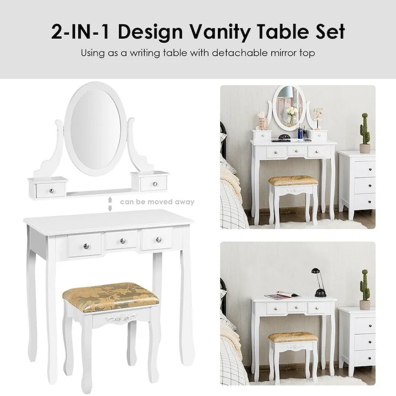 Costway Vanity Table Dressing Table 5 Make Up Table Stool