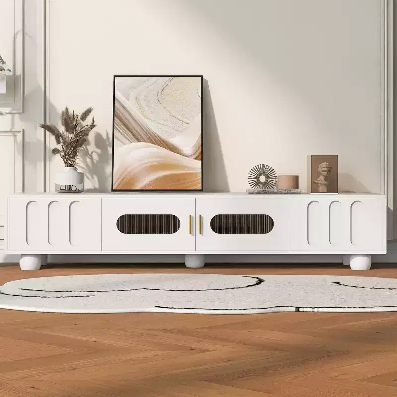 Modern TV Stand with Glass Door for 80 TV, Media Console Table with Storage, TV Storage Cabinet with Solid Wood Legs for Living room, White