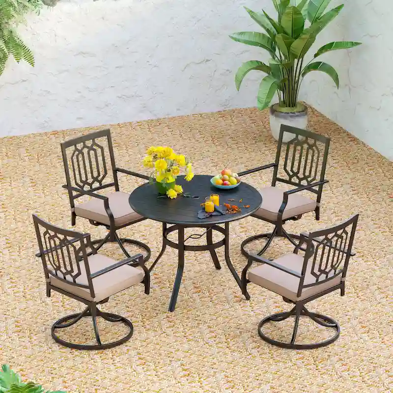 MAISON ARTS 5 Piece Metal Patio Dining Set, 4 Swivel Armrest Chairs with Cushion and 37.8 Round Table with 1.57 Umbrella Hole