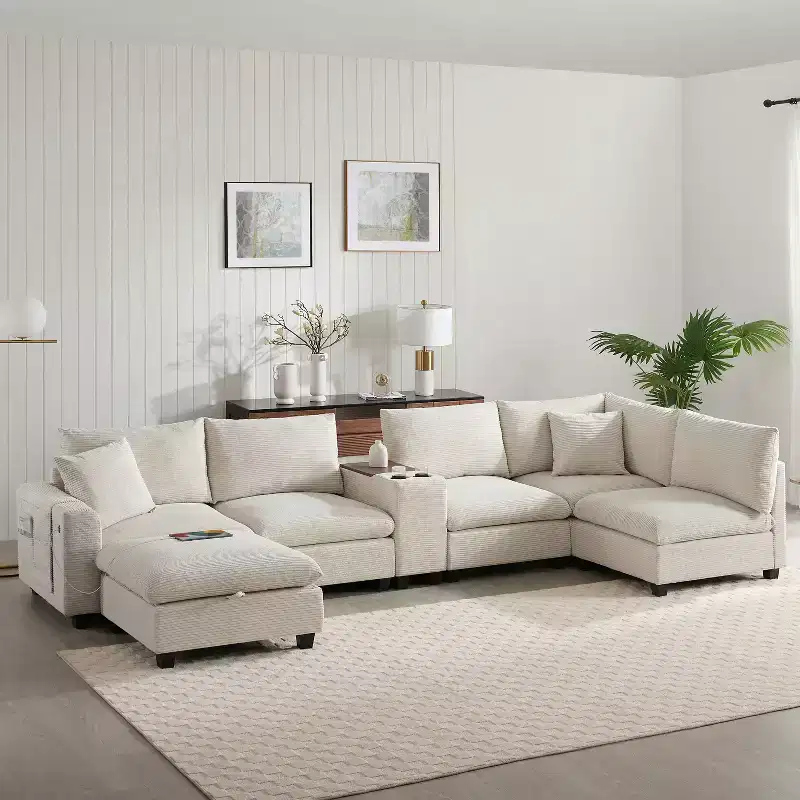 Whisen Modern Chenille 4-seat Sectional Sofa with Ottoman, L-Shaped Cloud Couch Set with Throw Pillows