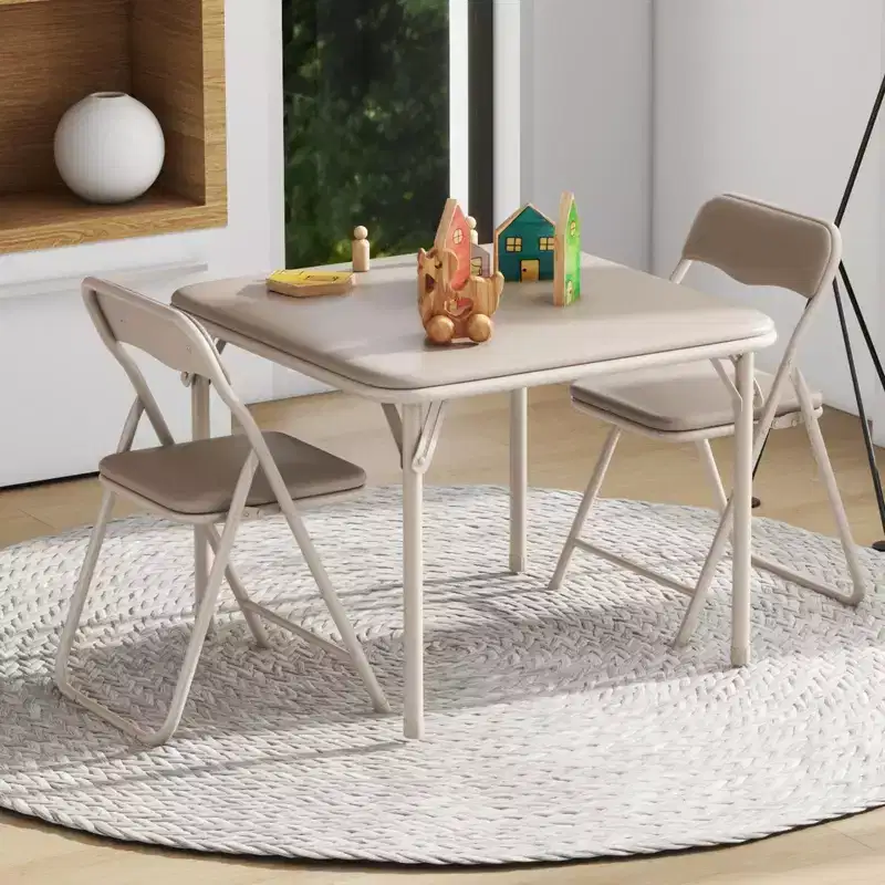 COZONY 3-Piece Kids Folding Table & Chairs Set, PU Cushion, Black/Beige/Gray