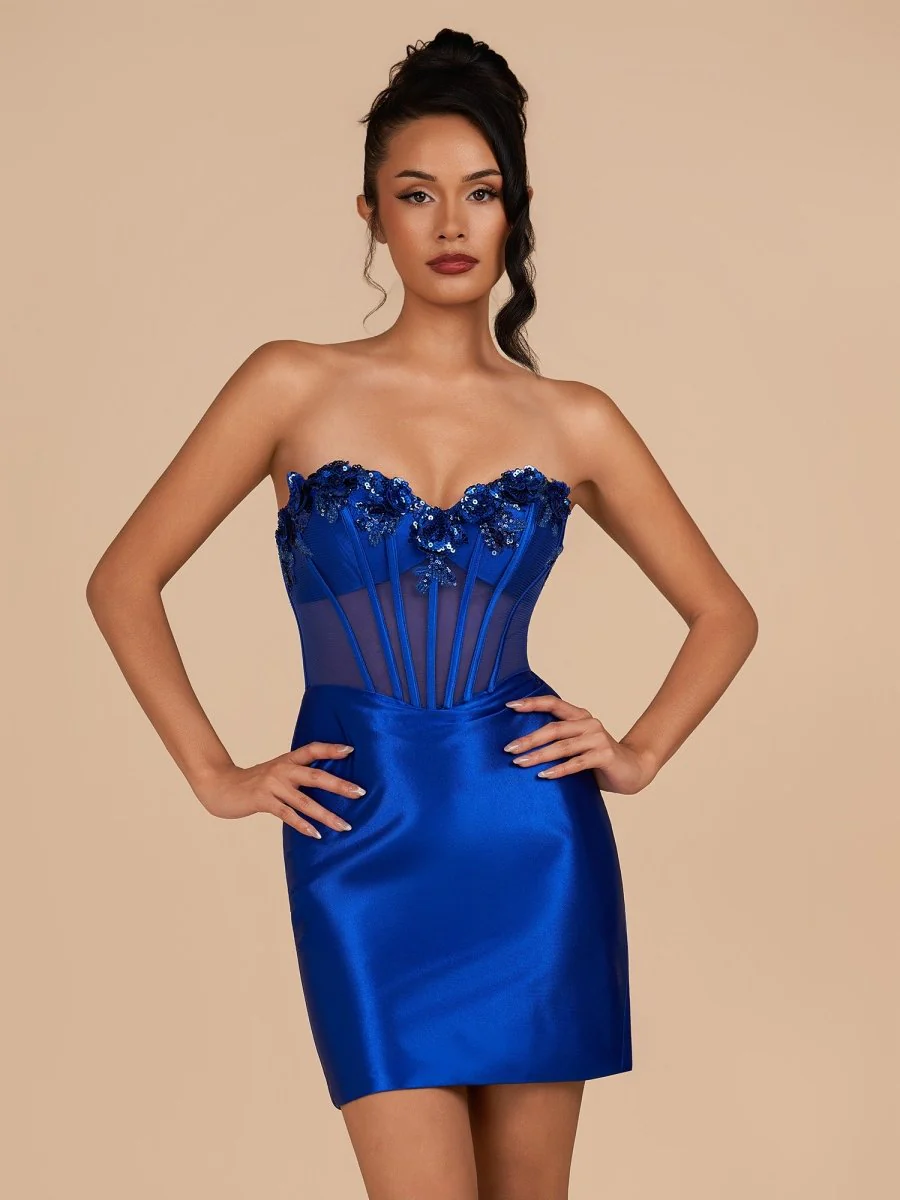 Royal Blue - Bodycon Sequined Flowers Corset Sweetheart Homecoming Dress