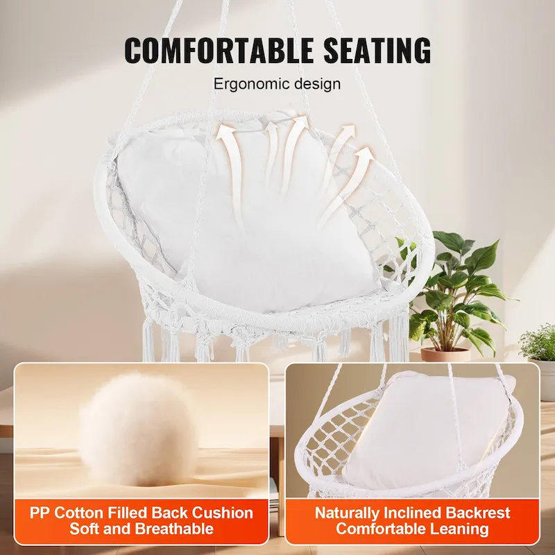 Hanging Hammock Swing Chair, Macram Hanging Chair with Cushion and Mounting Hardware, Cotton Rope Swing Chair