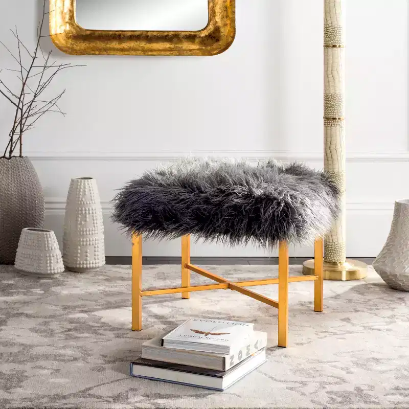 Horace Faux Lamb X- Square Bench - FOX6267 - Gray - Safavieh Couture