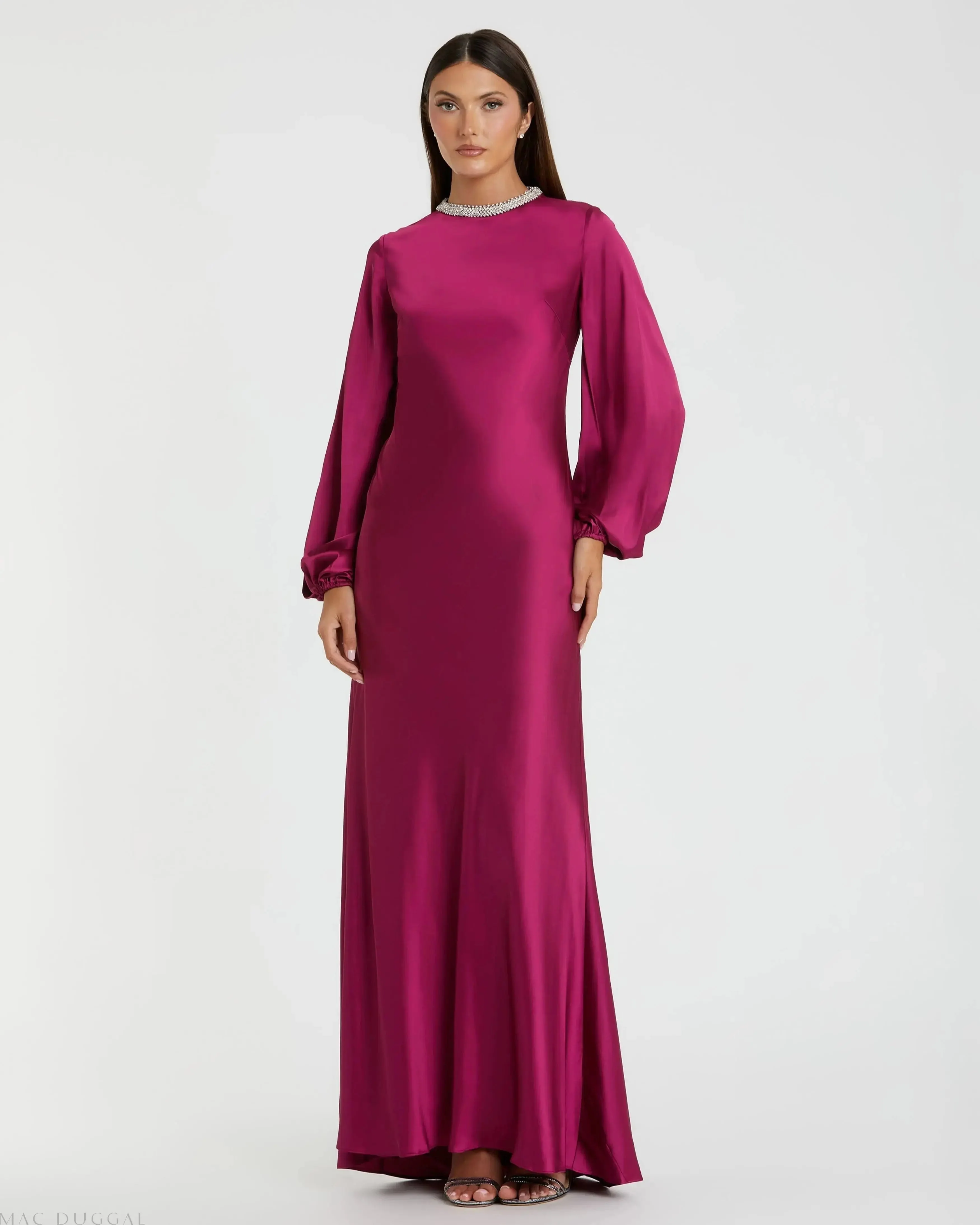 Purple Beaded High Neck Bishop Sleeve Satin Gown