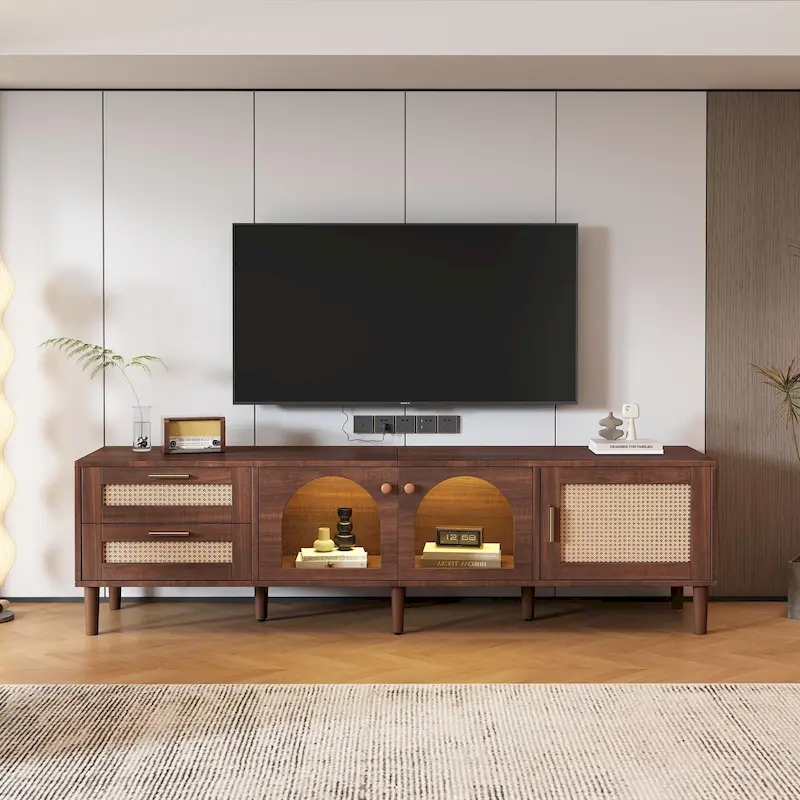 Dark Brown Rattan-Style TV Stand with 3 Cabinets & 2 Drawers, Fits TVs up to 80
