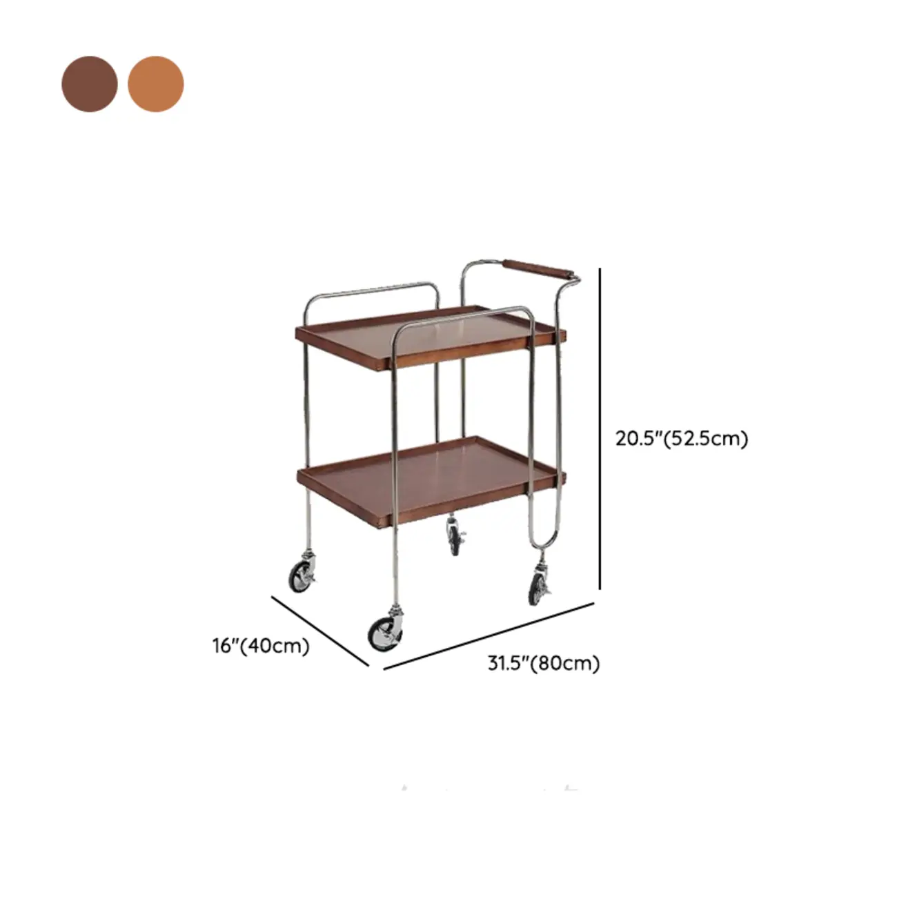 Brown Modern 2-Shelf Wood Rectangular Rolling Side Table