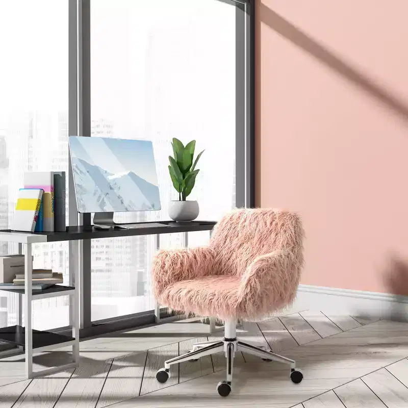 Vinsetto Faux Fur Desk Chair, Swivel Vanity Chair with Adjustable Height and Wheels for Office, Bedroom, Pink