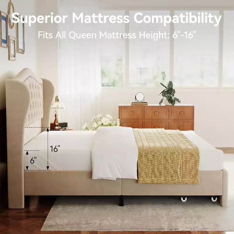 Dyonery Queen Velvet Bed Frame, 52.6 Wingback Tufted Headboard, 2 Drawers, No Box Spring