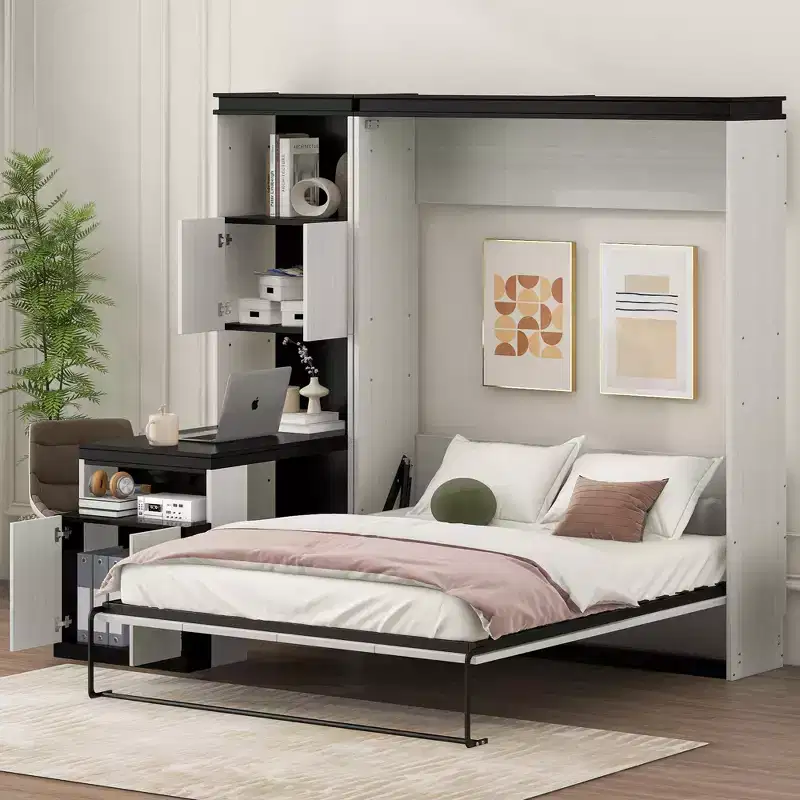 Full Size Murphy Bed Wall Bed with Storage Shelves Table, Folding Wall Cabinets Bed for Bedroom Guest Room, Black White