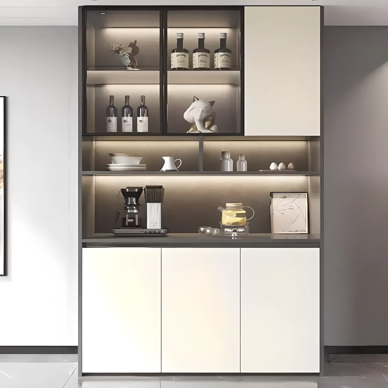 White Rectangular Multi-Shelves Glass Wood Wine Cabinet
