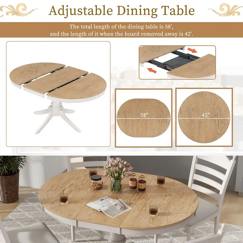 5 Piece Round Dining Table Set, Solid Wood Kitchen Table and Chair Set with Extendable Table and 4 Upholstered Chairs