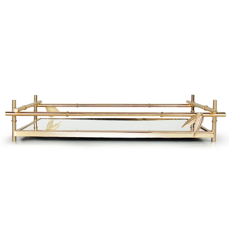Gold Bamboo Style Rectangle Metal Mirror Decorative Tray Serving Platter