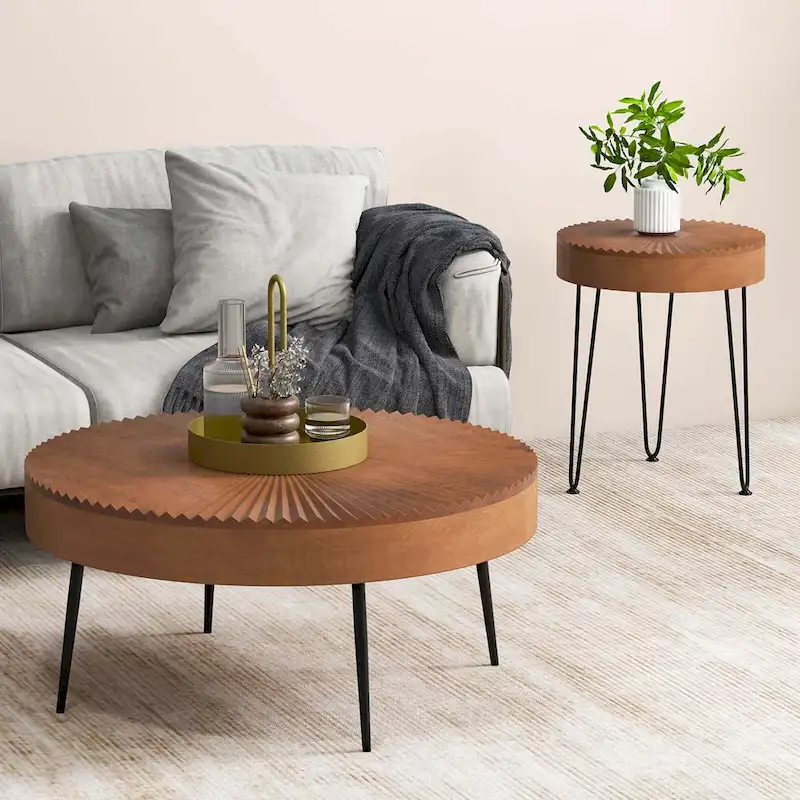 Costway Farmhouse Round CoffeeTable Set of 2 End Table Natural Finish - See Details