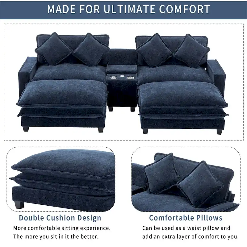 112.6  Chenille Upholstered Sectional Sofa with 2 Removable Ottoman