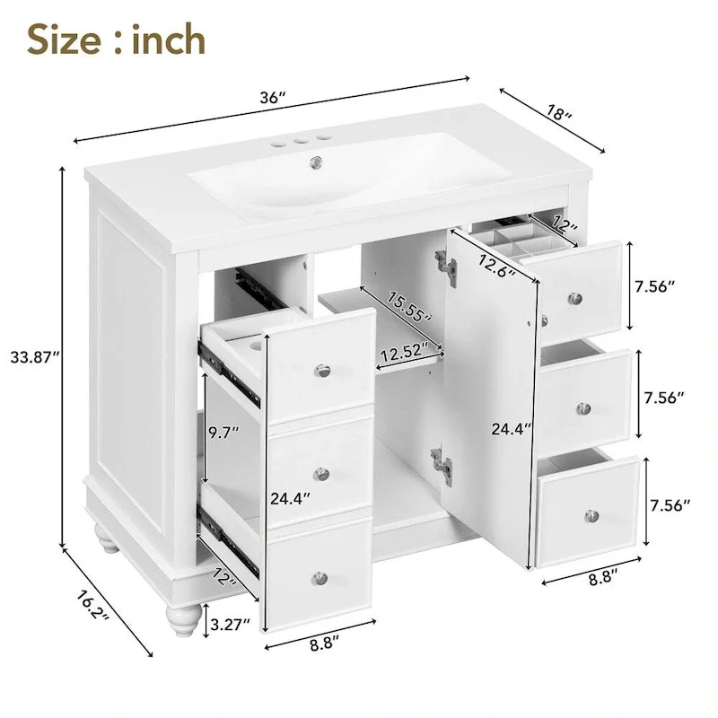 36 Inch Bathroom Vanity Cabinet with Resin Sink and Adjustable Shelves