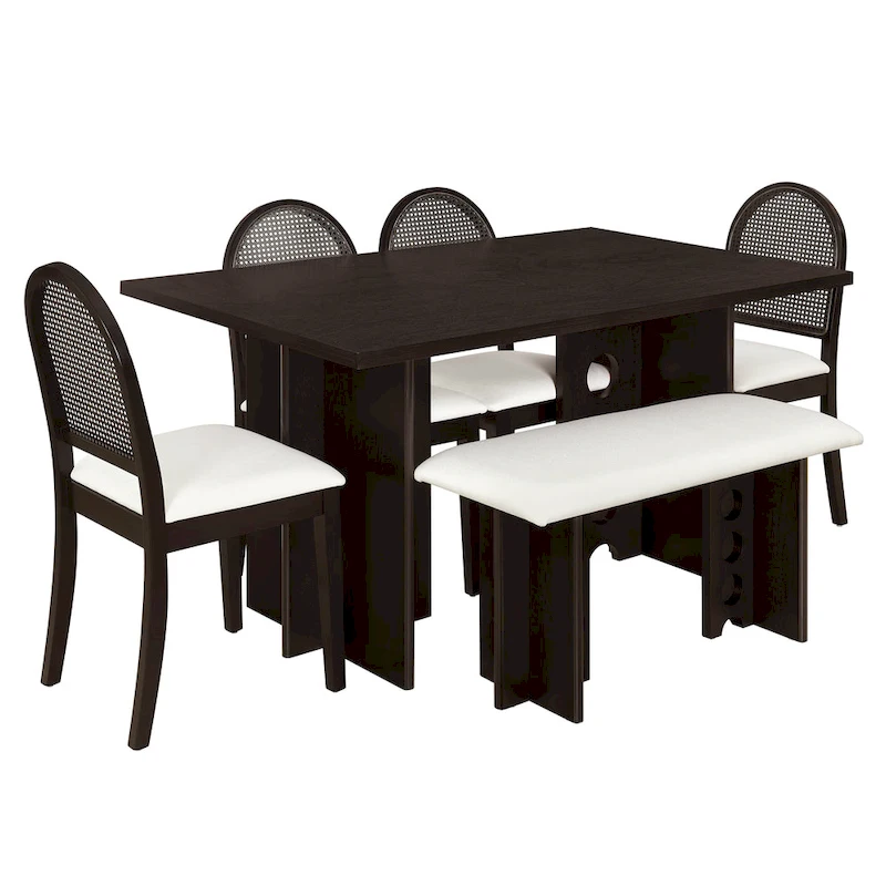 Modern Double Pedestal 6-Piece Dining Table Set with 4 Dining Chairs & 1 Bench