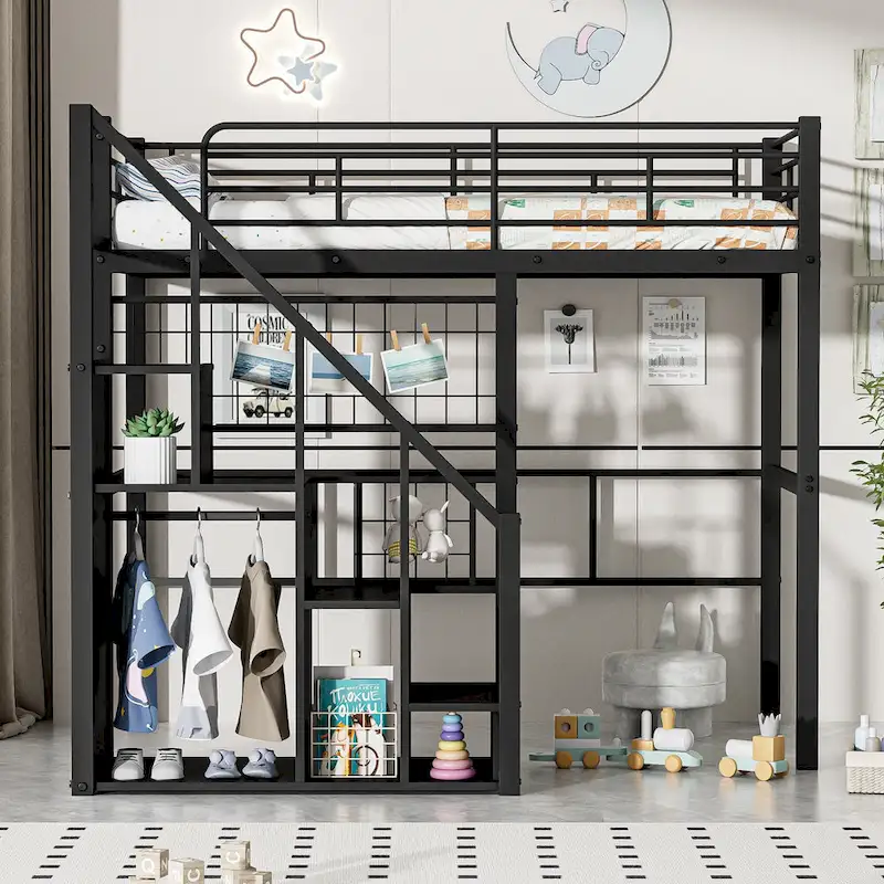 Twin Metal Loft Bed with Staircase & Wardrobe