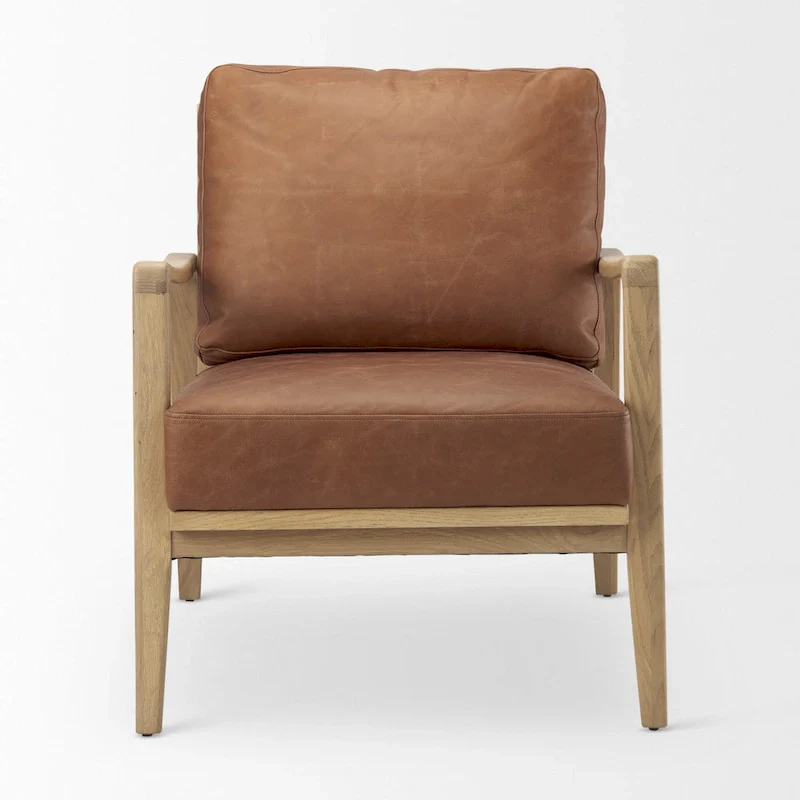 Brown Genuine Leather w/ Light Brown Solid Beechwood Frame Accent Chair - 27.9W x 34D x 34.4H