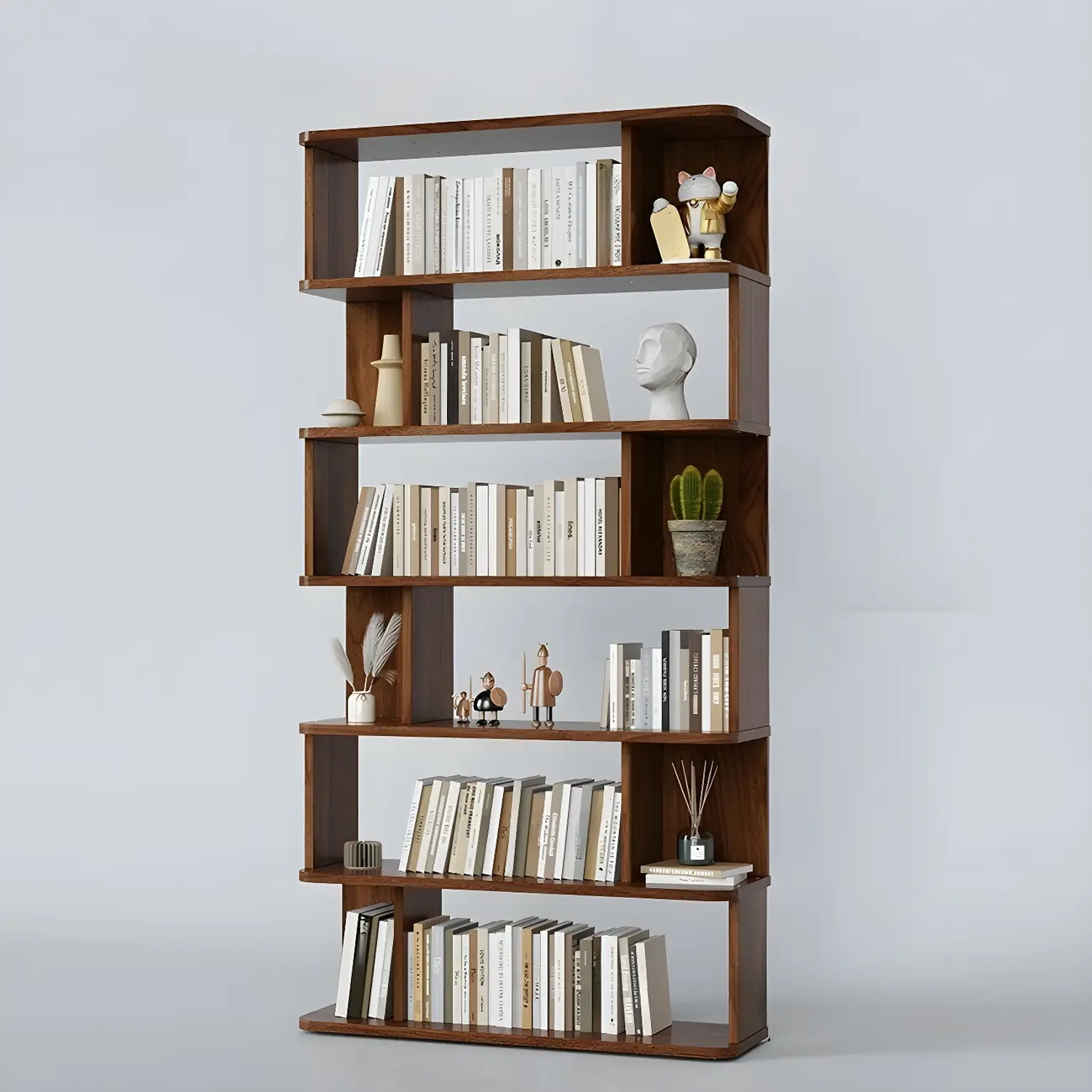 Tall Modern Walnut Open Back 6-Shelf Wood Bookcase