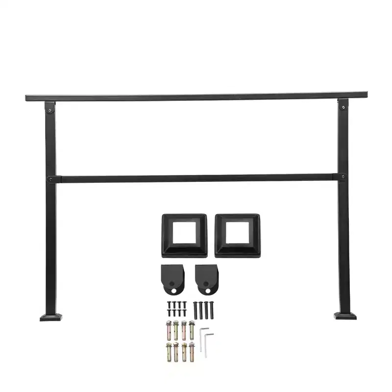 VEVOR Outdoor Handrails for Steps, 4-5 Step Stair Rail Kit, Black Square Tube with Horizontal Bar, Carbon Steel Support Rails for Seniors, Black