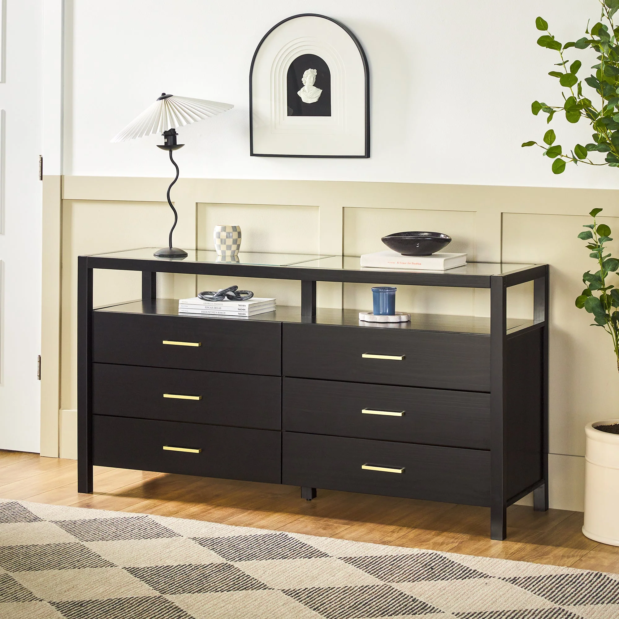 Isla Modern Easy Assembly Solid Wood 6-Drawer Dresser with Glass Top