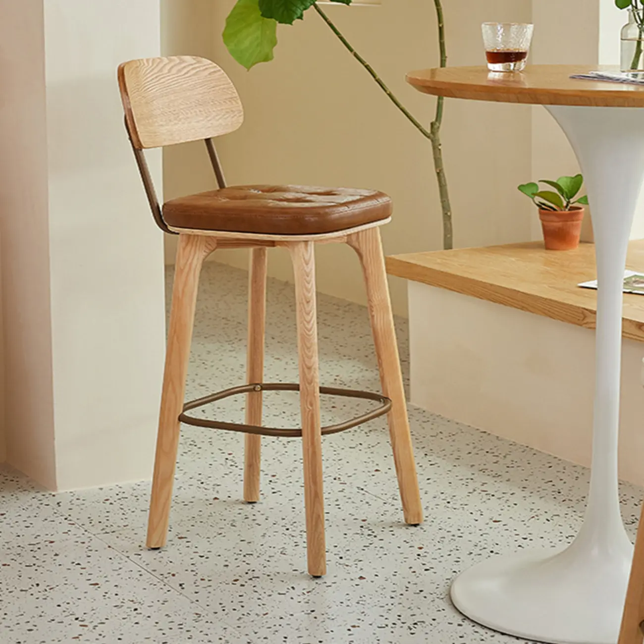 Mid-Century Modern Leather Square Bar Height Stools with Backs