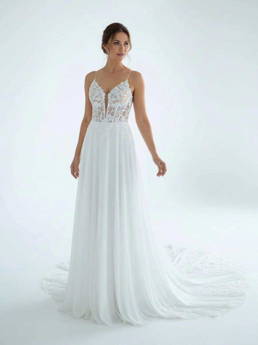 A-Line V Neck Chiffon Boho White Appliques Wedding Dresses