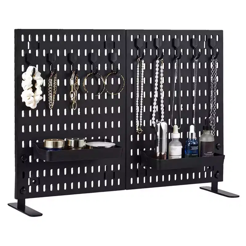 Tabletop Peg Board Display Stand with 10 Hooks & 2 Trays, No Drilling, Freestanding Portable Plastic Pegboard for Vendor Office Home Dorm Apartment