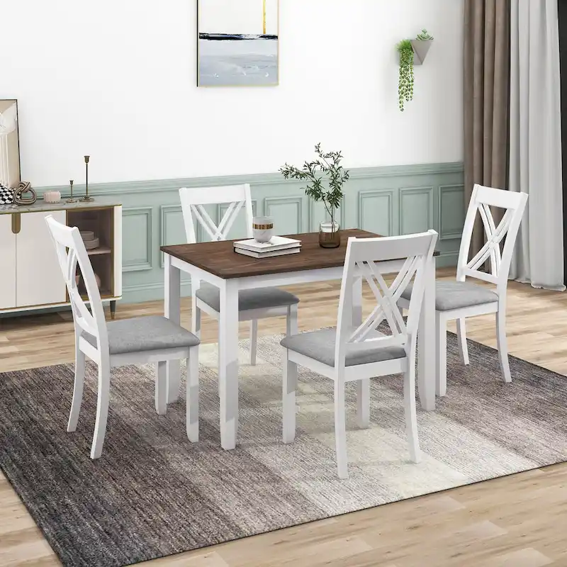 5 Piece Wood Table and Chair Set, Kitchen Dining Table Set for 4 with Rectangle Table and 4 X-Back Upholstered Chairs