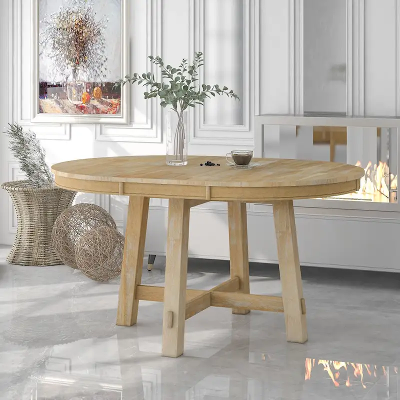 Round Extendable Dining Table, Oak/Antique White or Wood Wash, Seats 4–6