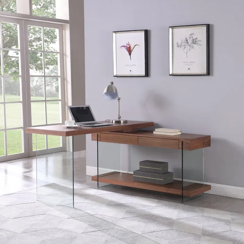 Somette Rotatable Glass and Walnut Veneer Wooden Desk