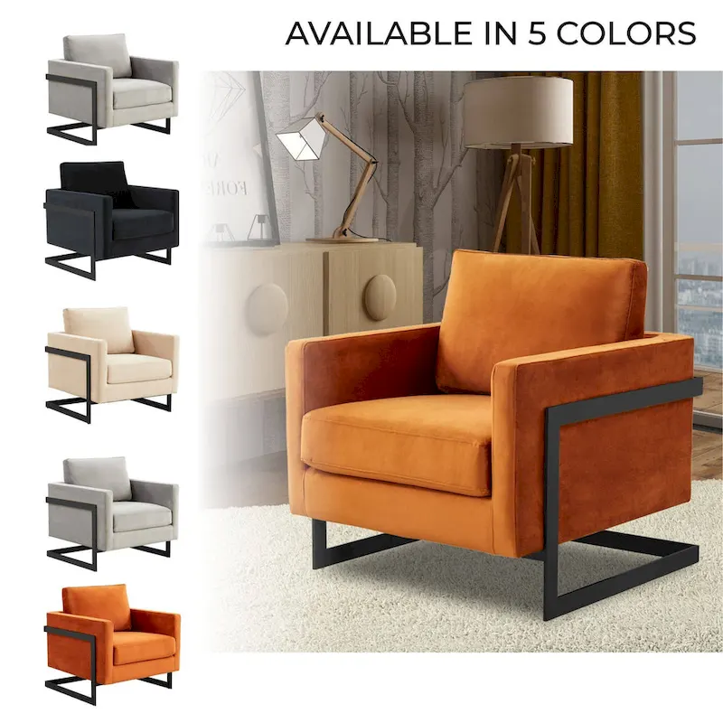 LeisureMod Lincoln Modern Velvet Arm Chair with Black Steel Frame - 35