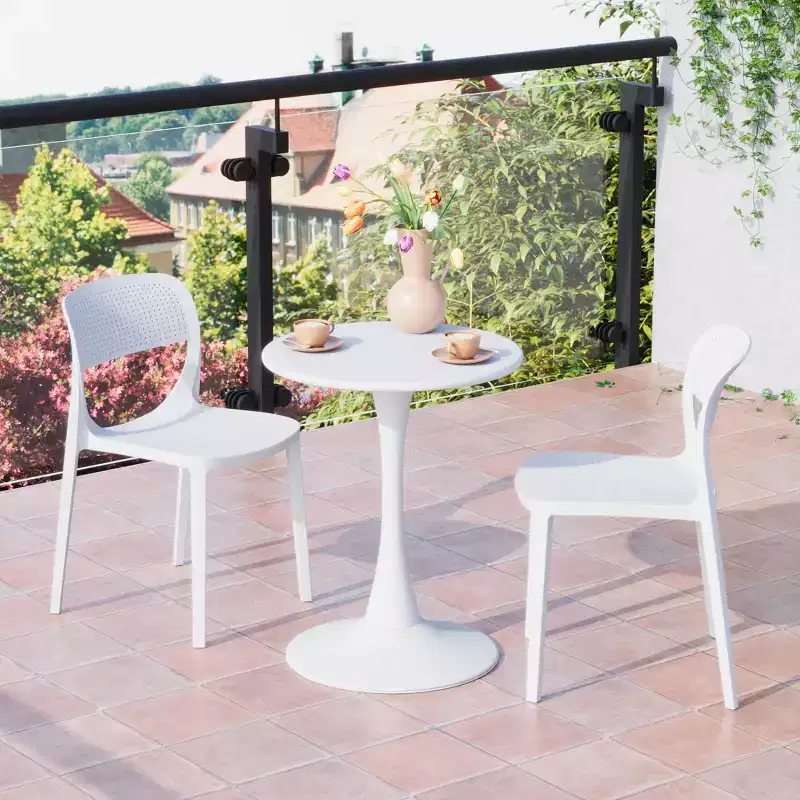 WestinTrends Playa 3-Piece Round Metal Bistro Dining Table Set And Stackable Resin Patio Dining Side Chairs