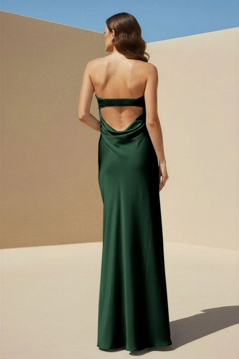 Sky Blue Strapless Sheath Satin Pleated Open Back Long Prom Dresses