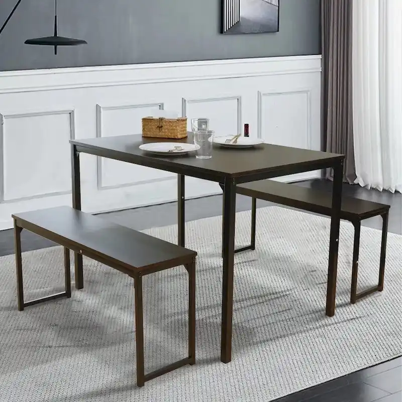 3 Piece Kitchen Table Set with Two Benches Dining Room Table Set 4