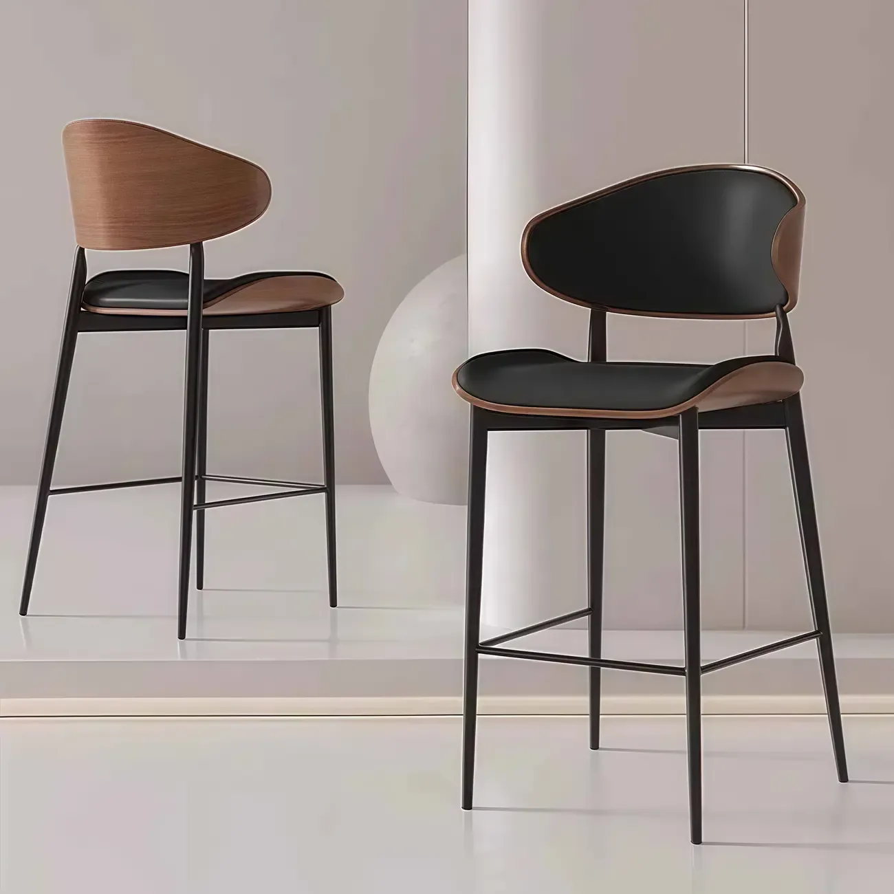 Modern Black Metal Leather Counter Height Bar Stools