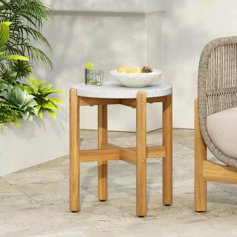 Christopher Knight Home Tobias Rustic Outdoor Lightweight Concrete and Acacia Wood Round SIde Table
