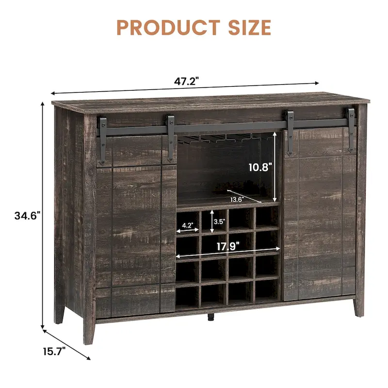 Dark Brown / White Farmhouse Sliding Barn Door Wine Bar Cabinet with 16-Bottle Rack – Single Unit
