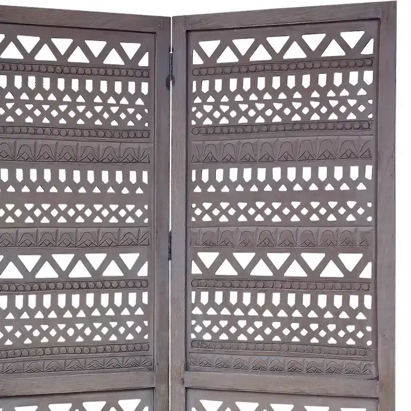 Royal Hampton 3 Panel Folding Mango Wood with Inticate Cut out Geometric Design Room Divider Screen