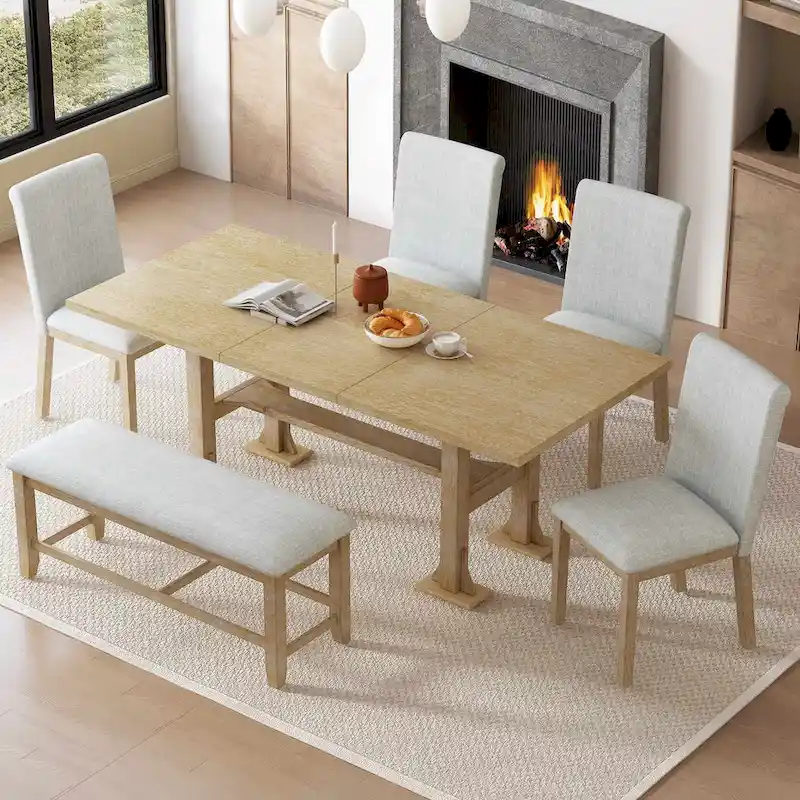 Farmhouse 6 PCS Extending Dining Table Set for 6 with Shelf Base